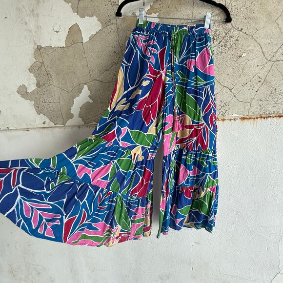Palazzo Pants Boho Wide Leg Tropical Floral Flowy Rayon Womens XS Resort Vacay - Picture 1 of 7